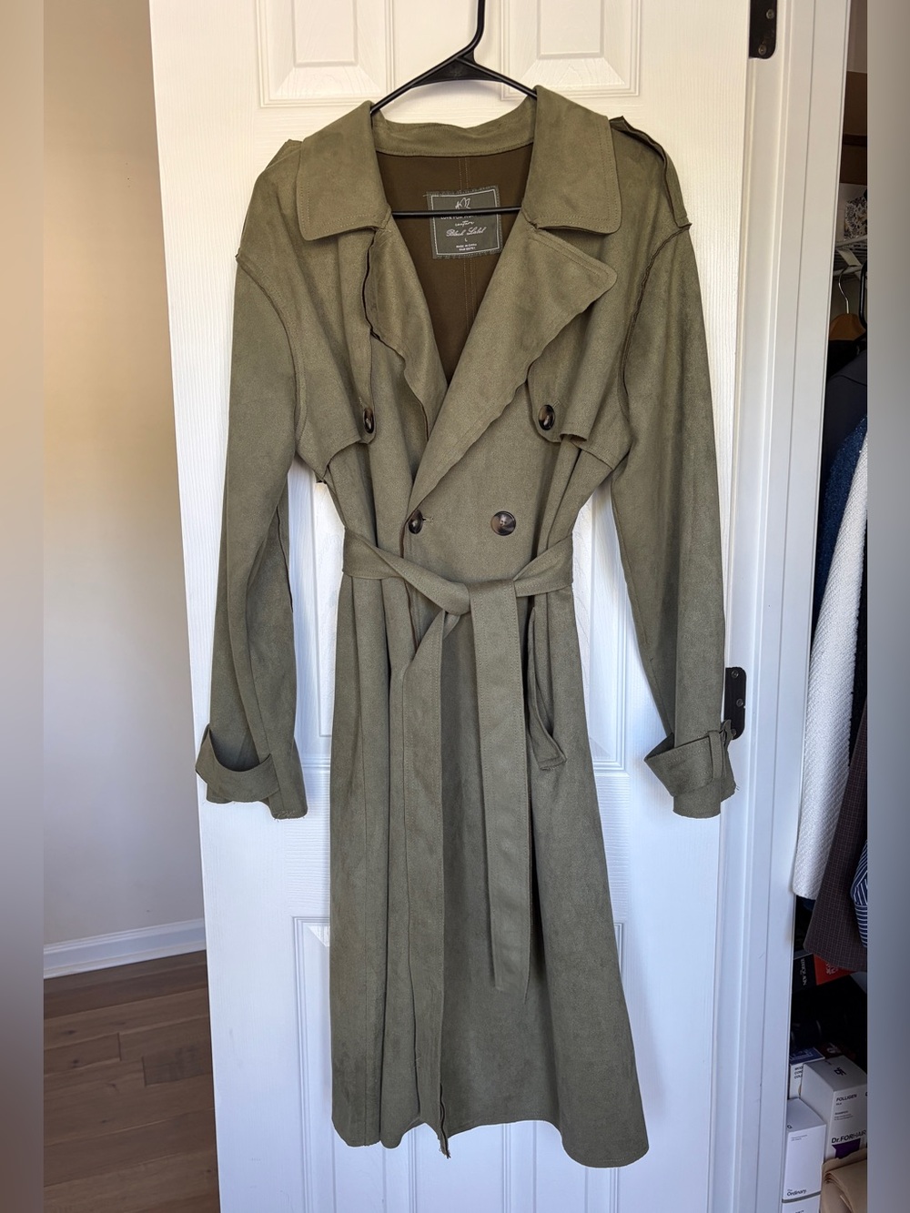 Love for Humanity Couture olive green faux suede double-breasted trench coat L